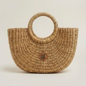 Sea & Grass Woven Straw Basket Half Moon Tote Bag Natural Tan Zip Top Summer